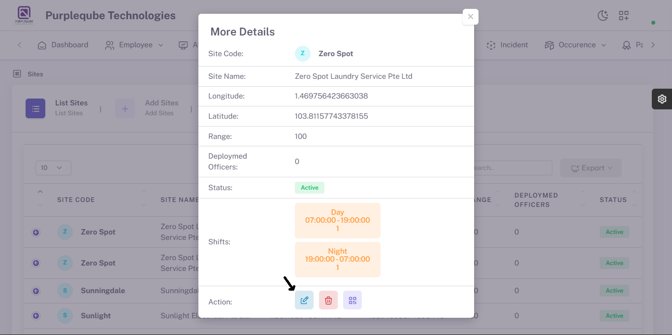 More Details dialog showing comprehensive site information including shifts and action buttons